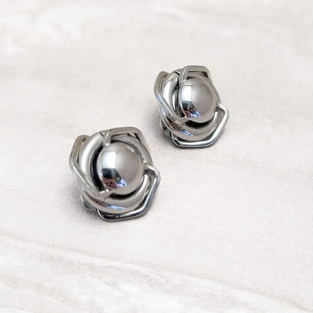 Vintage Clip On Earrings Modern MCM Design Large Statement Silver Tone